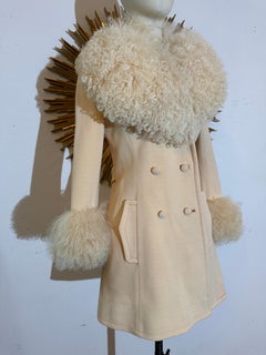 Iconic 1960s Lilli Ann Ivory Double Knit Wool Coat w Dramatic Mongolian Fur Trim