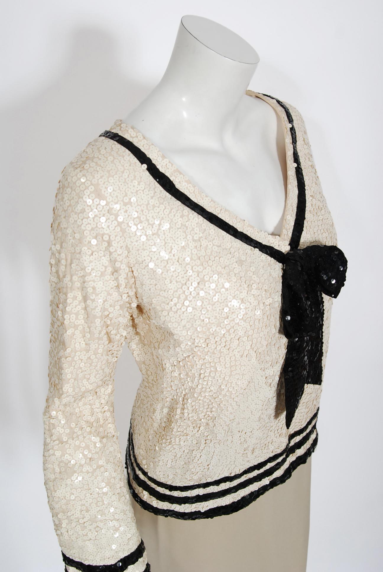 Vintage 1963 Barbra Streisand Custom Couture Cream Sequin Silk Iconic Sailor Set In Good Condition In Beverly Hills, CA