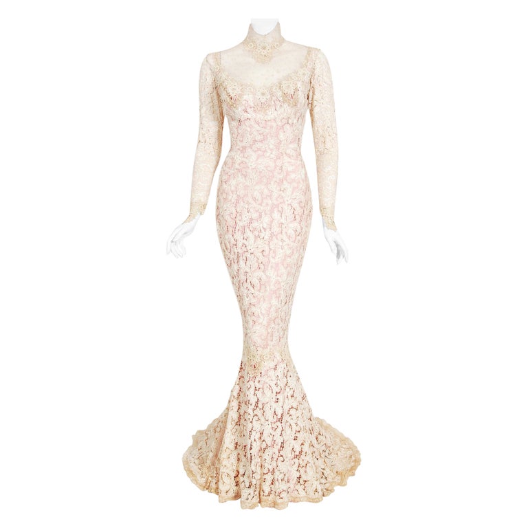 Iconic 1969 Gypsy Rose Lee Custom Couture Ivory Lace and Pink Silk  Victorian Gown at 1stDibs | 1969 prom dresses, pronovias yuki, demi rose lee