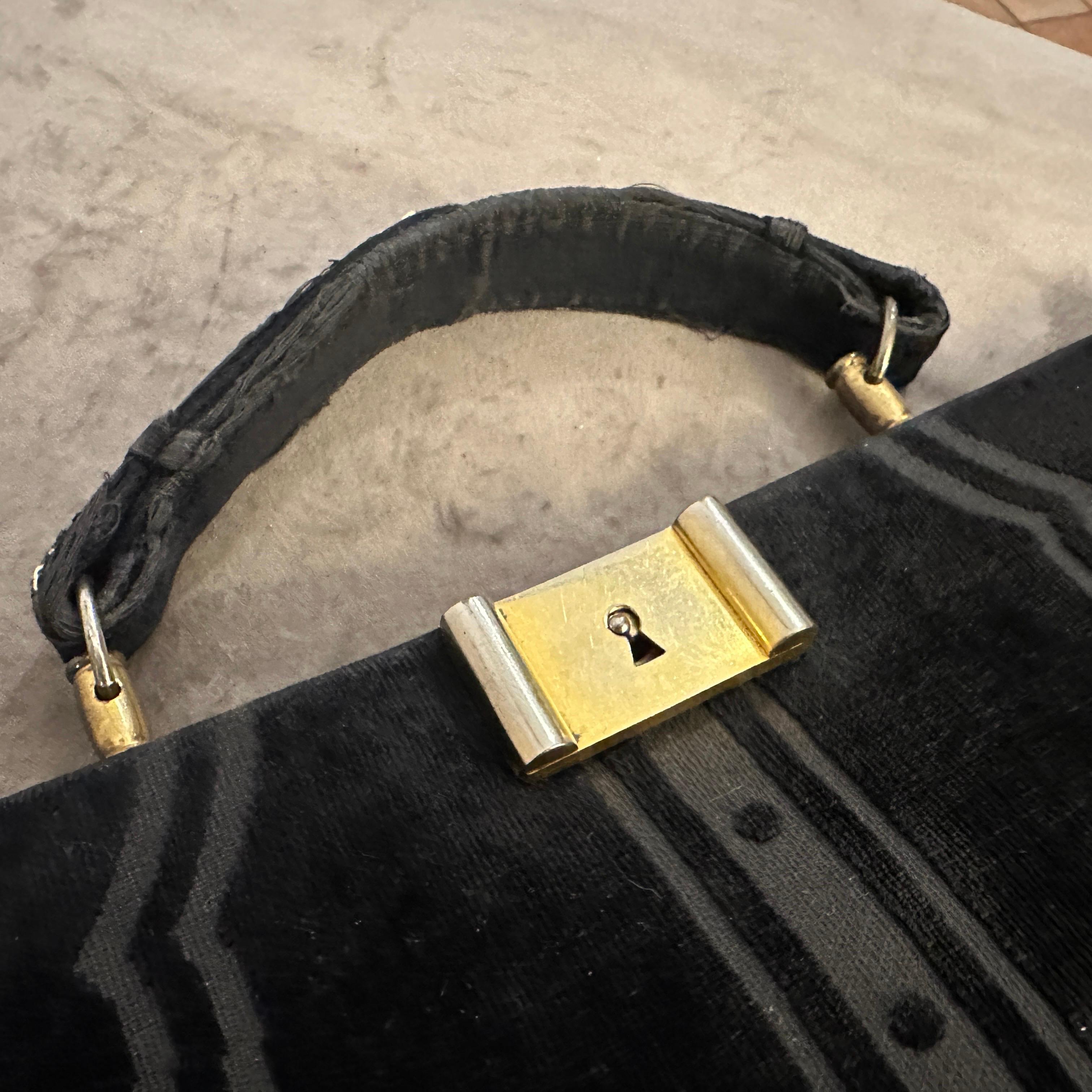 Women's Iconic 1970s Black Velvet and Brass Hand Bag by Roberta di Camerino For Sale