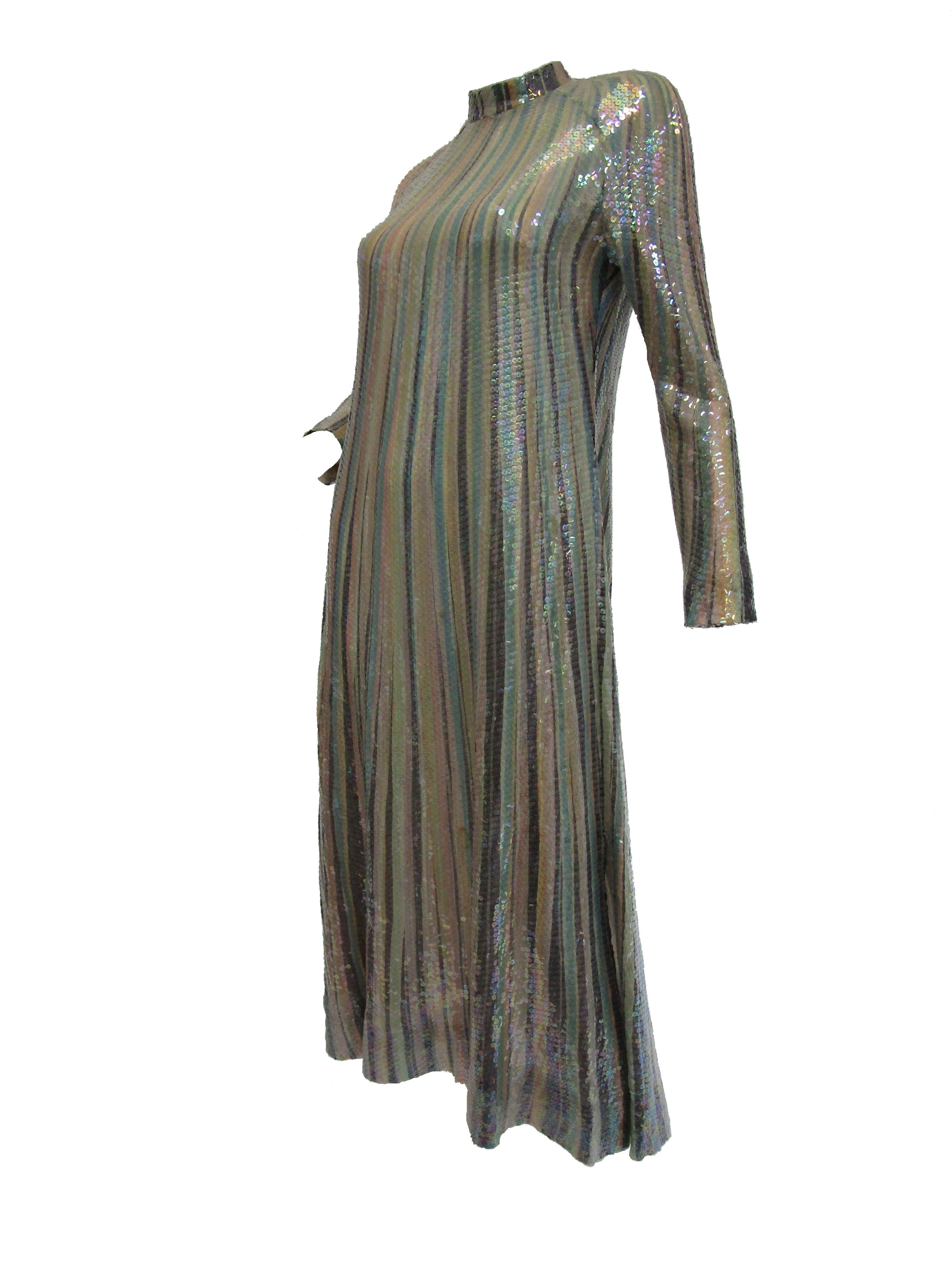 Gray Iconic 1970s Halston Pastel Striped Sequined Silk Maxi Dress
