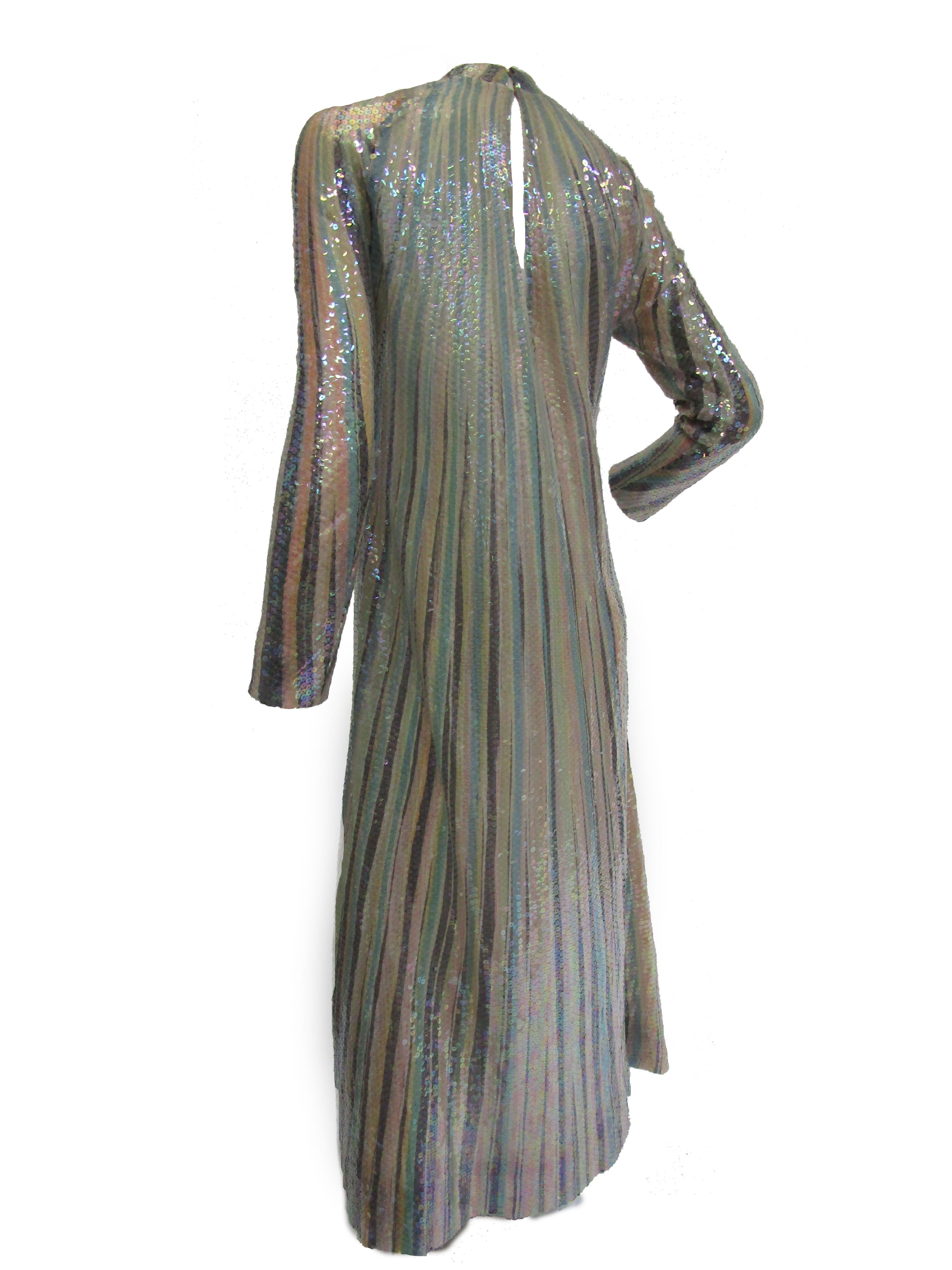 Iconic 1970s Halston Pastel Striped Sequined Silk Maxi Dress In Excellent Condition In Houston, TX