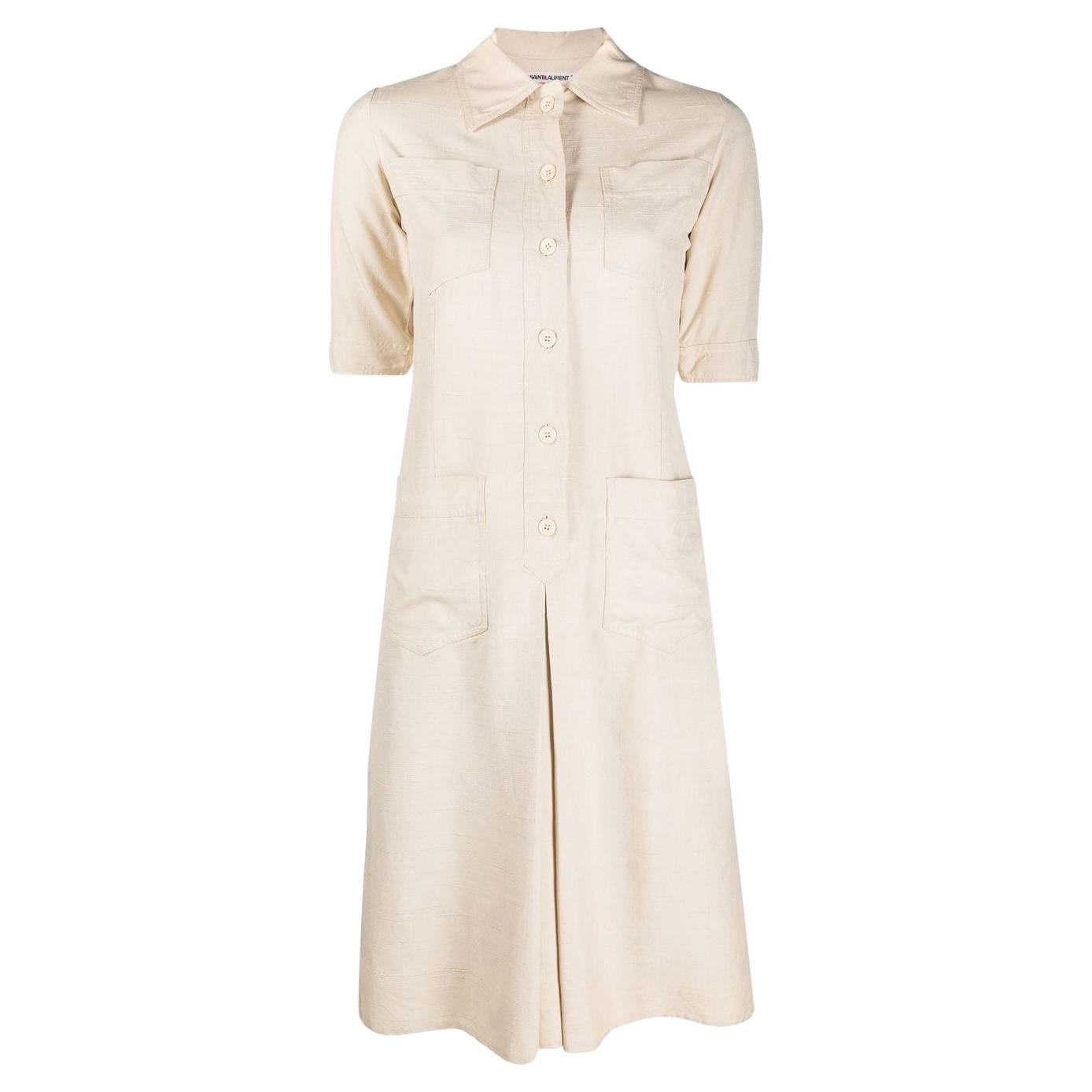 Iconic 1970s Yves Saint Laurent YSL Ivory Safari Silk Dress 