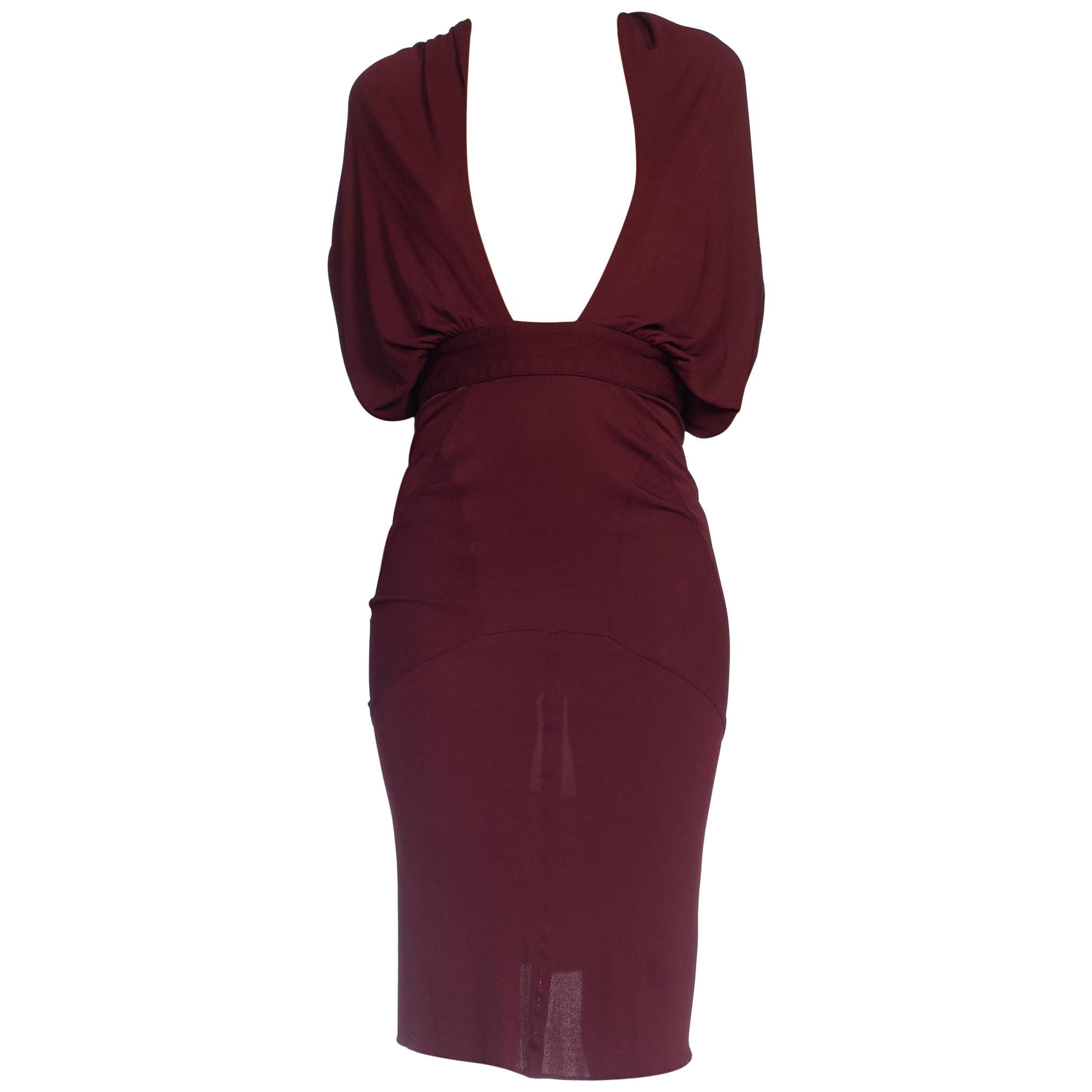 1980S AZZEDINE ALAIA Russet Brown Rayon Jersey Iconic Low Cut Dress With Cowl For Sale