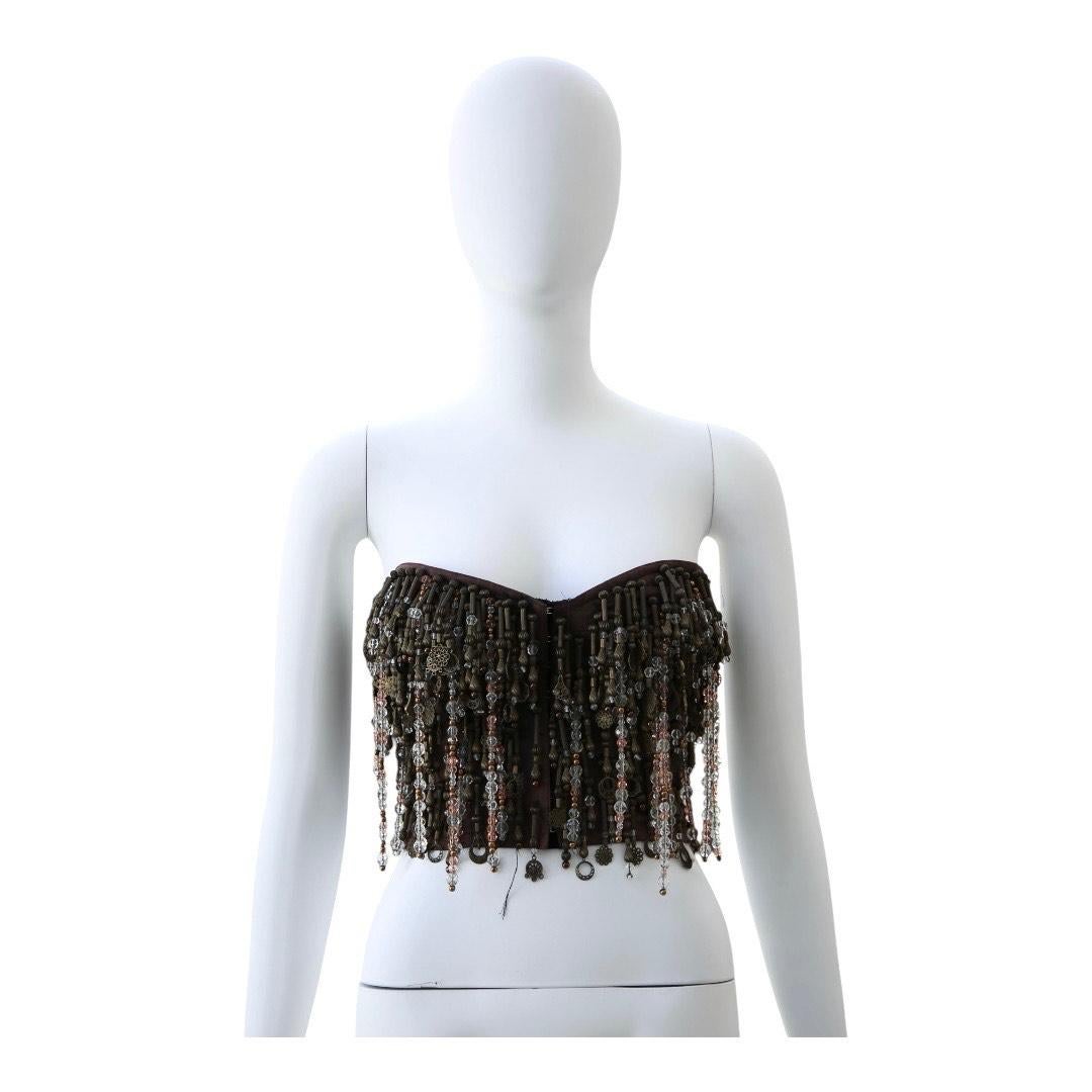 Beige Top bustier con frange e perline Dolce & Gabbana, icona degli anni '90. in vendita