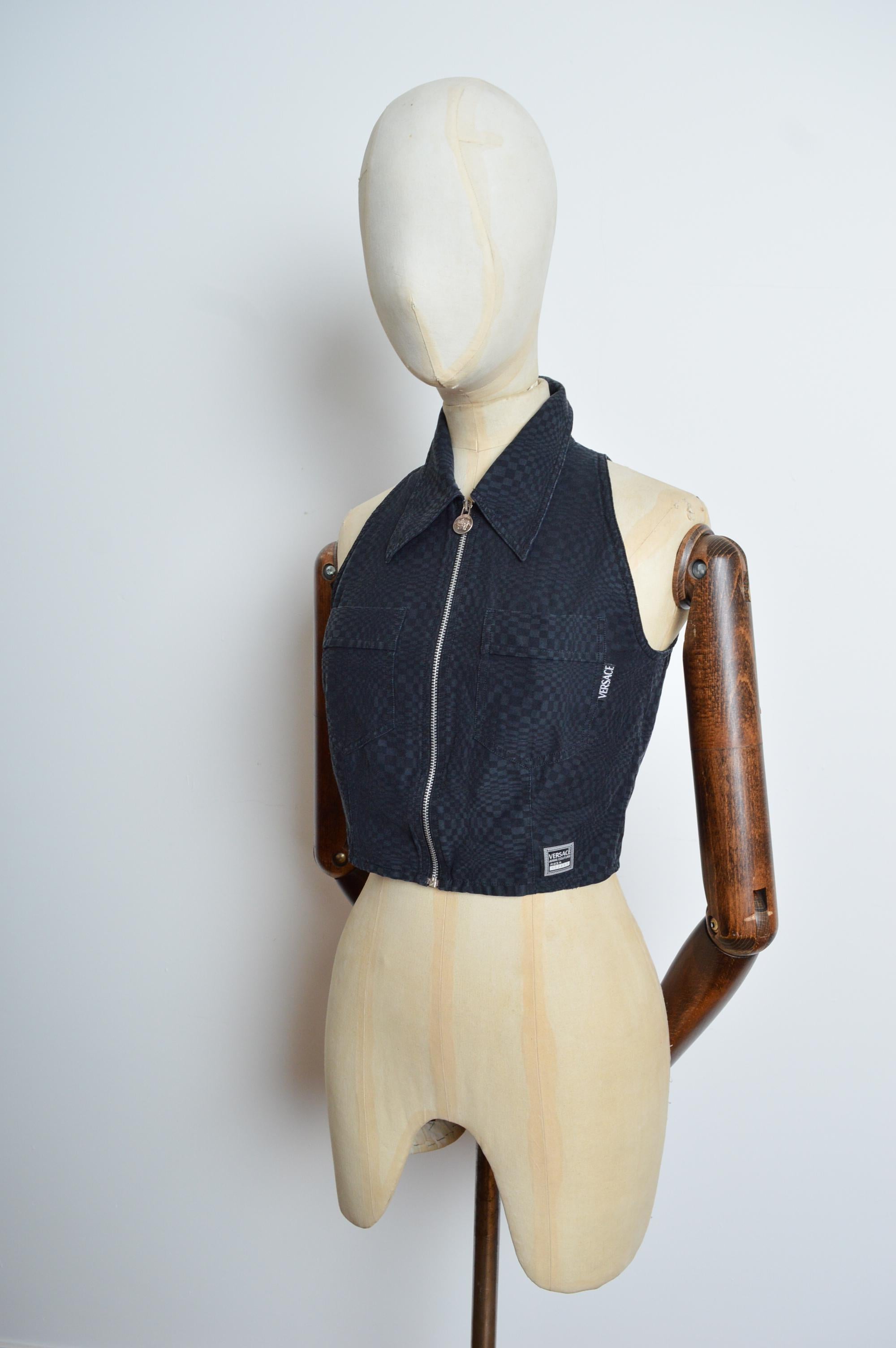 Beige Iconic 1990s Versace Jeans Couture Black Zip up Crop Top in Black Psychedelic For Sale