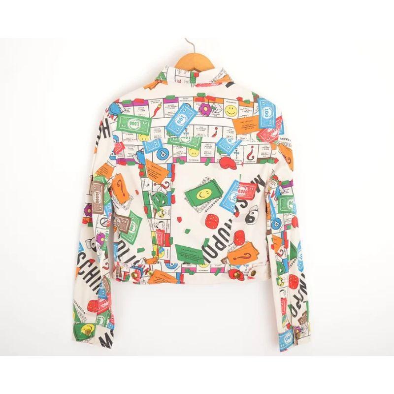 Iconic 1990's Vintage Moschino Colourful Monopoly Novelty Print Denim Jacket In Good Condition For Sale In Sheffield, GB