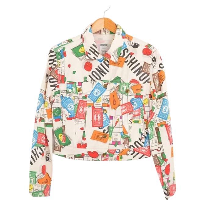 Iconic 1990's Vintage Moschino Colourful Monopoly Novelty Print Denim Jacket For Sale