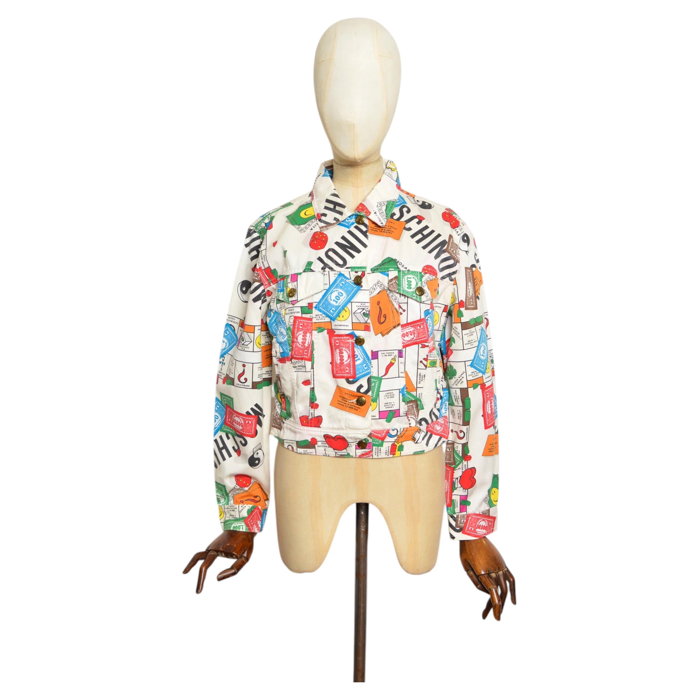 Iconic 1990's Vintage Moschino Colourful Monopoly Novelty Print Denim Jacket For Sale