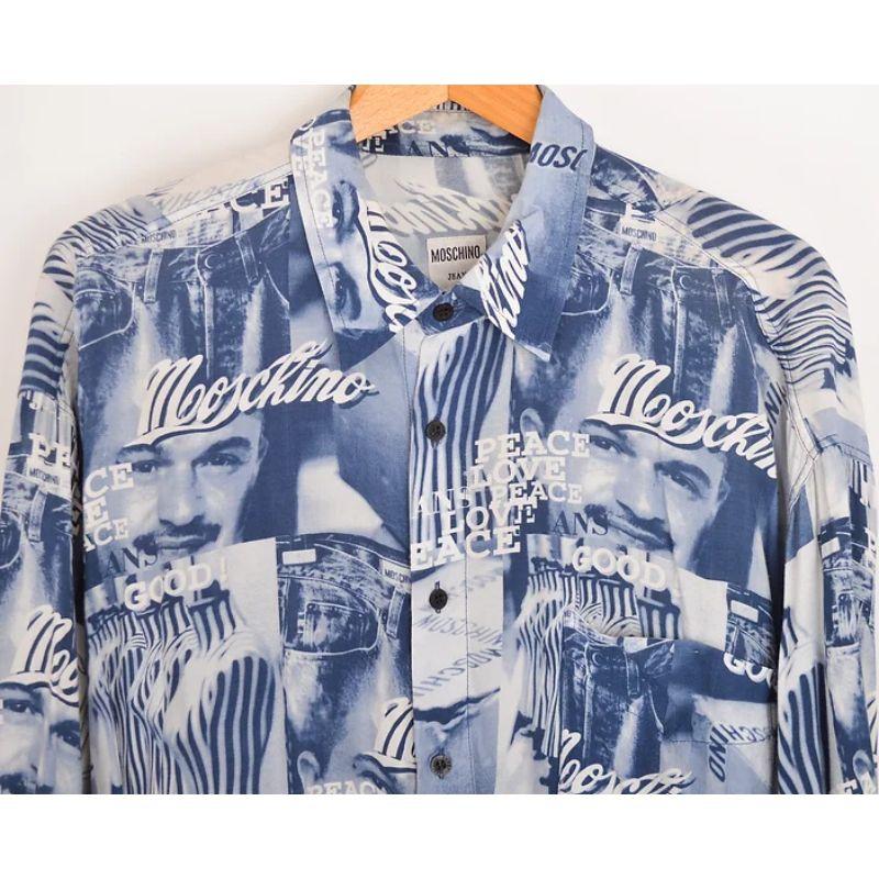 Vintage 1990's Moschino 'FRANCO' print long sleeve shirt in a blue and white colourway, depicting the face of Franco Moschino himself. 

MADE IN ITALY !

Features:
Central line button fasten
Exterior chest pocket
Rare 'FRANCO' print

100%