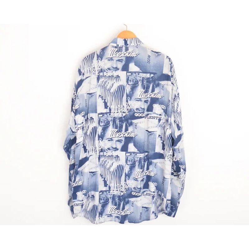 Iconic 1990's Vintage Moschino 'Franco' Print Graphic Pattern Blue Shirt In Good Condition For Sale In Sheffield, GB