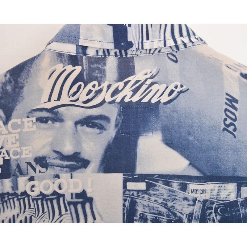 Women's Iconic 1990's Vintage Moschino 'Franco' Print Graphic Pattern Blue Shirt For Sale