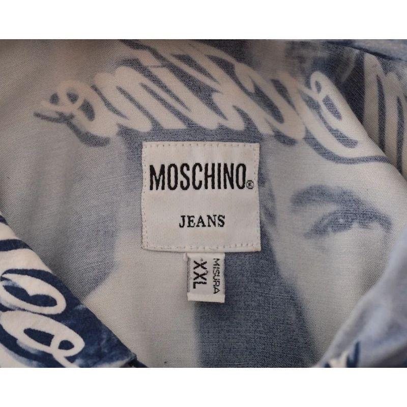 Iconic 1990's Vintage Moschino 'Franco' Print Graphic Pattern Blue Shirt For Sale 1