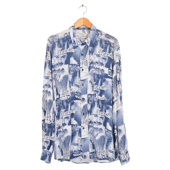 Iconic 1990's Vintage Moschino 'Franco' Print Graphic Pattern Blue Shirt For Sale