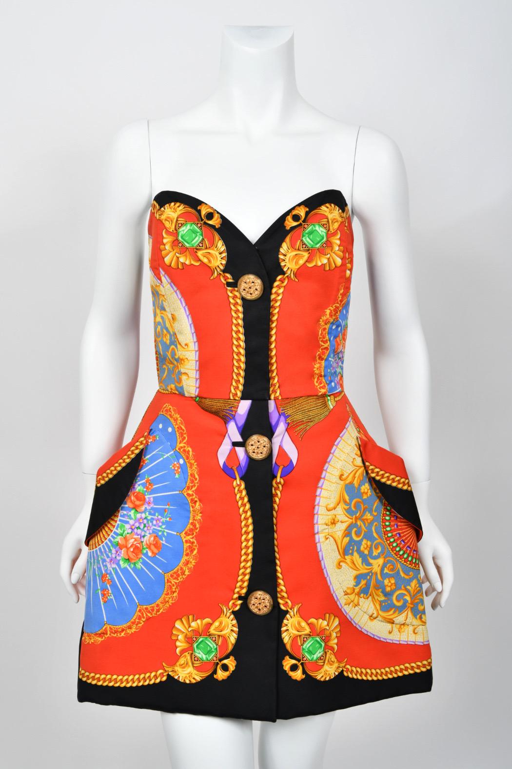 Iconic 1991 Gianni Versace Documented Runway Print Silk Strapless Mini Dress 6