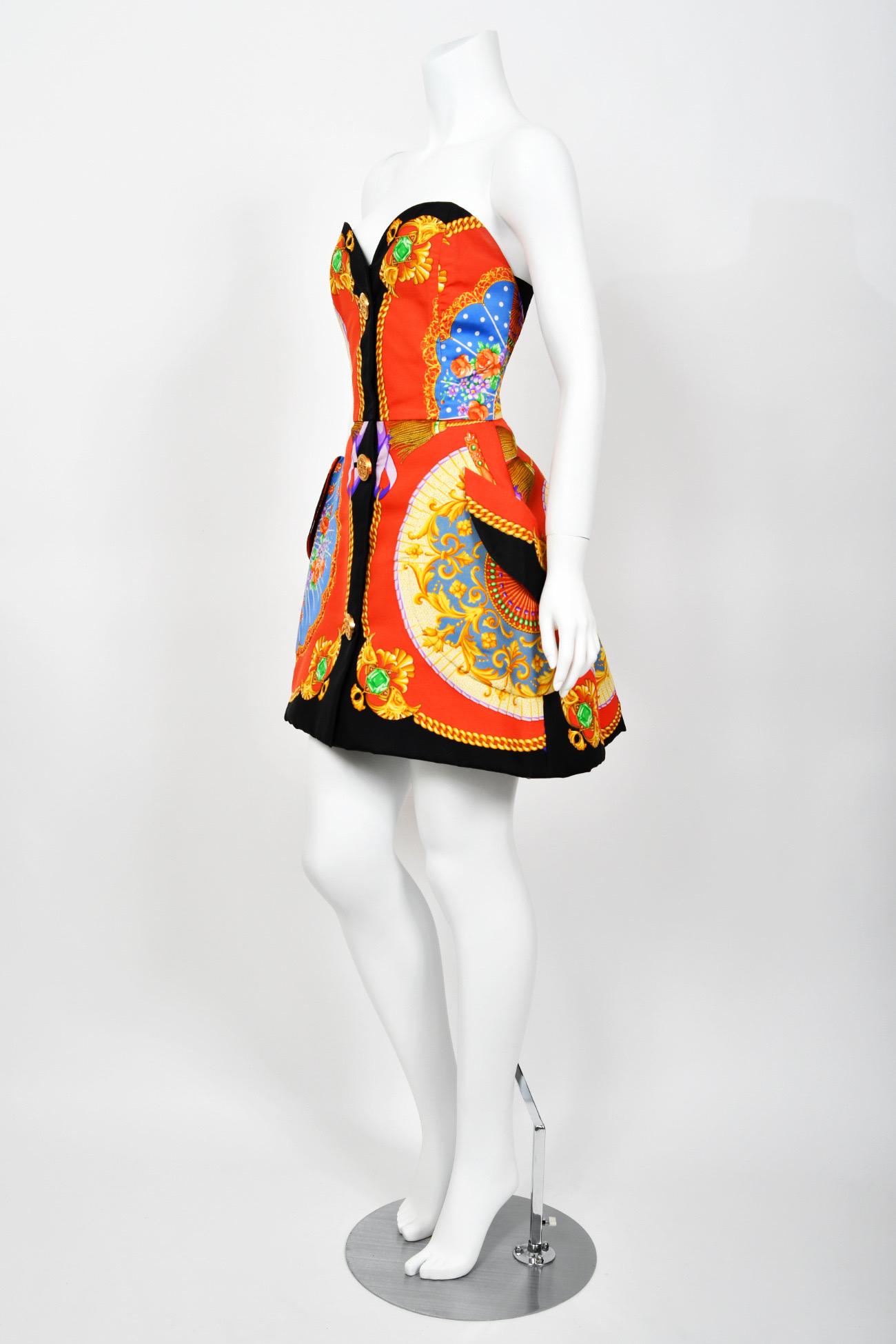 Iconic 1991 Gianni Versace Documented Runway Print Silk Strapless Mini Dress 8