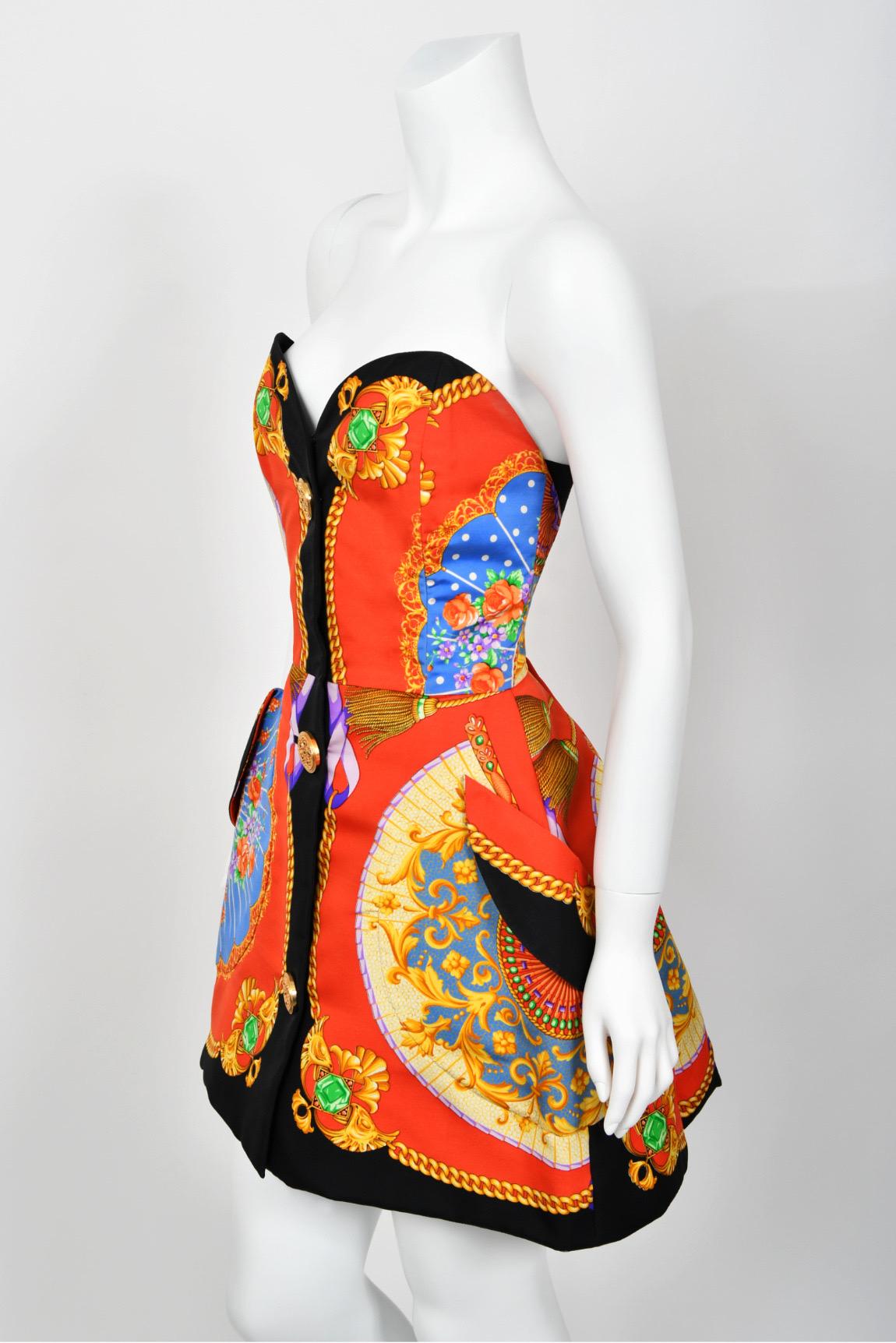 Iconic 1991 Gianni Versace Documented Runway Print Silk Strapless Mini Dress 9
