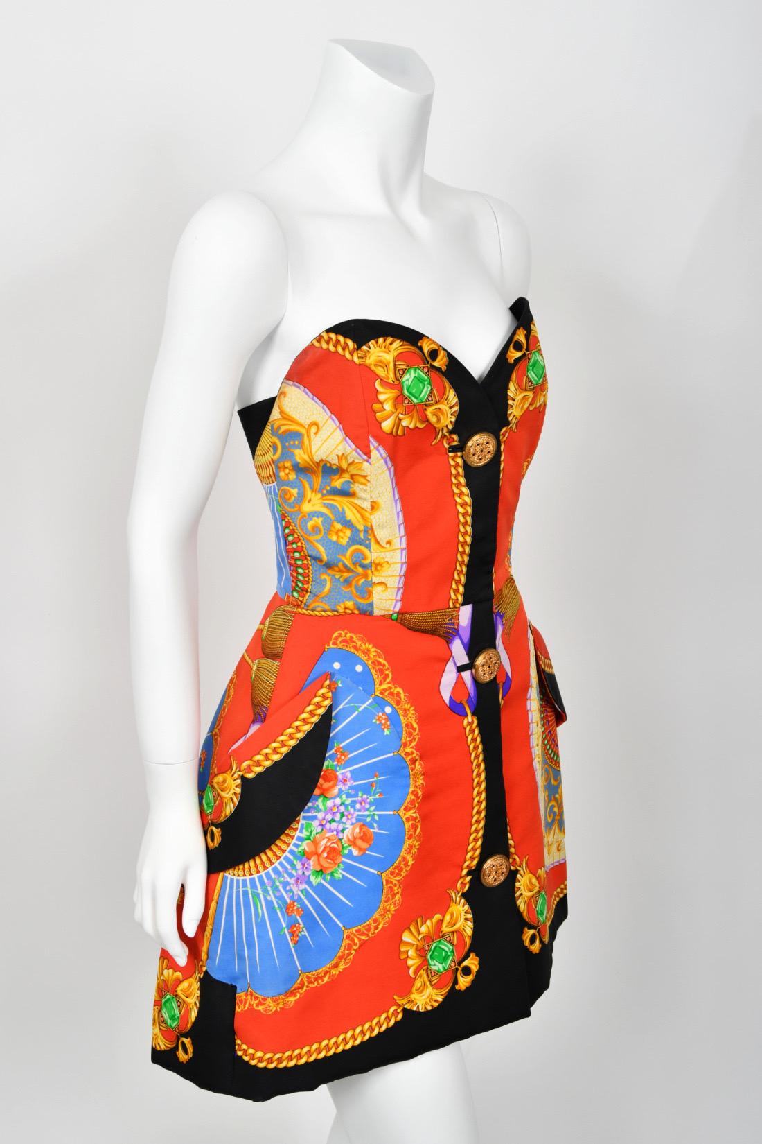 Iconic 1991 Gianni Versace Documented Runway Print Silk Strapless Mini Dress 11