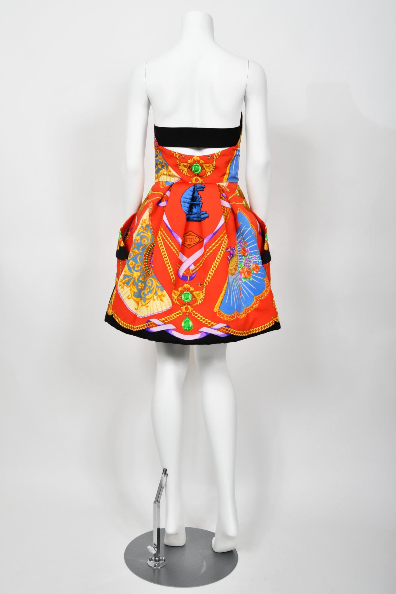 Iconic 1991 Gianni Versace Documented Runway Print Silk Strapless Mini Dress 13