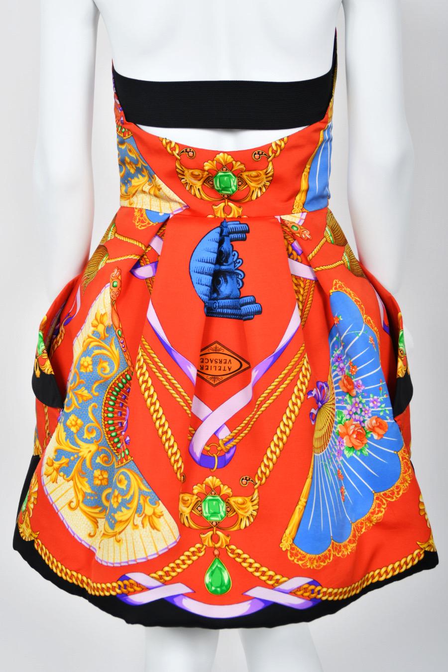 Iconic 1991 Gianni Versace Documented Runway Print Silk Strapless Mini Dress 14