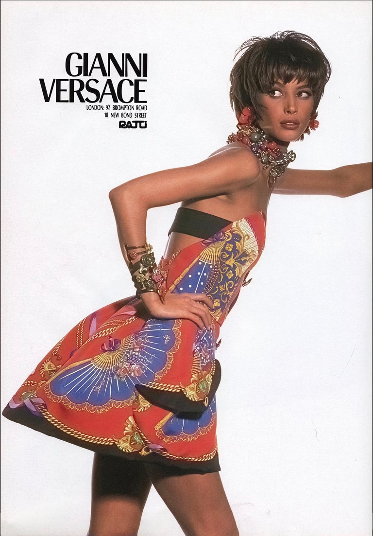 Iconic 1991 Gianni Versace Documented Runway Print Silk Strapless Mini Dress  at 1stDibs