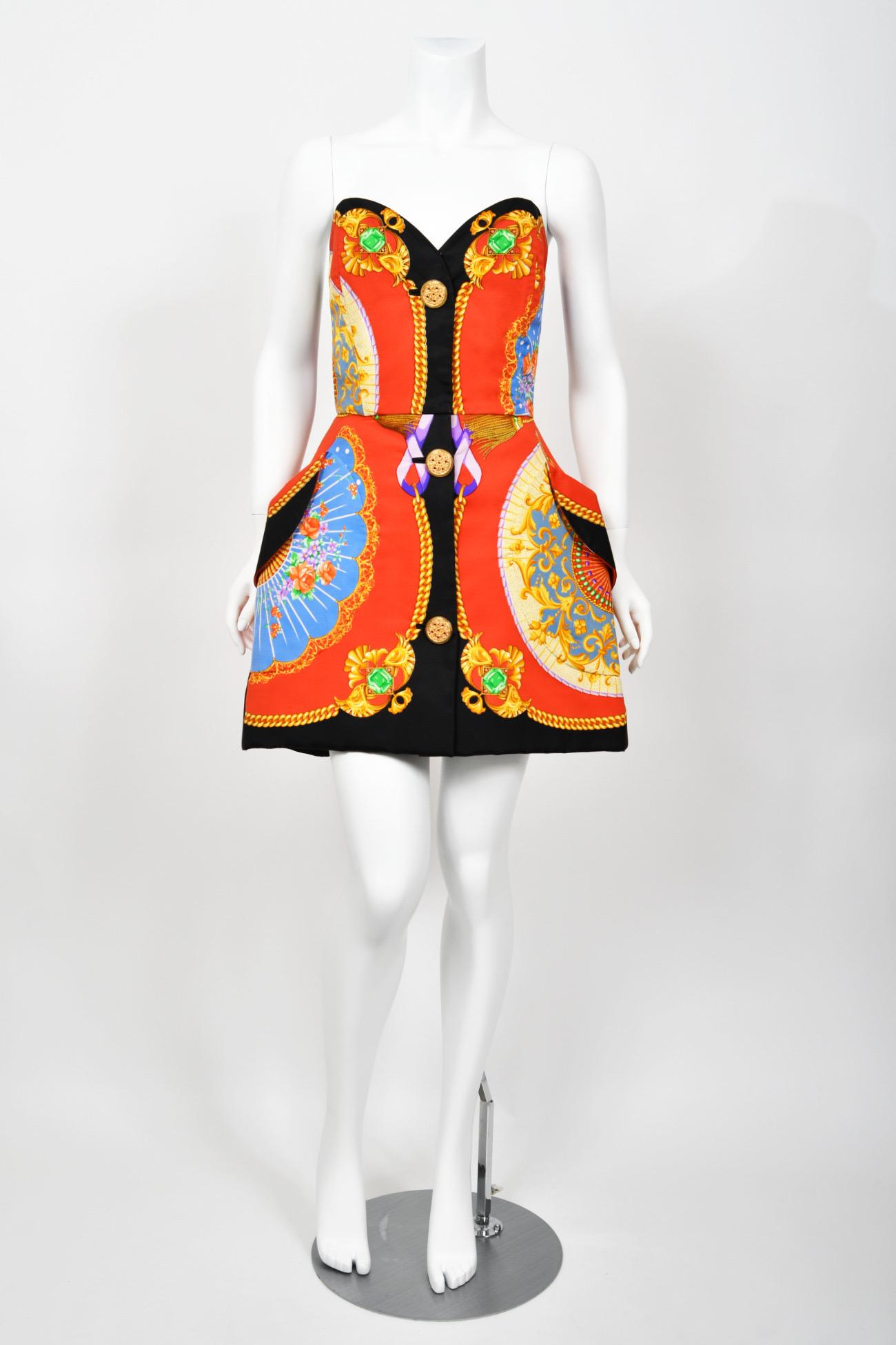 Iconic 1991 Gianni Versace Documented Runway Print Silk Strapless Mini Dress 5