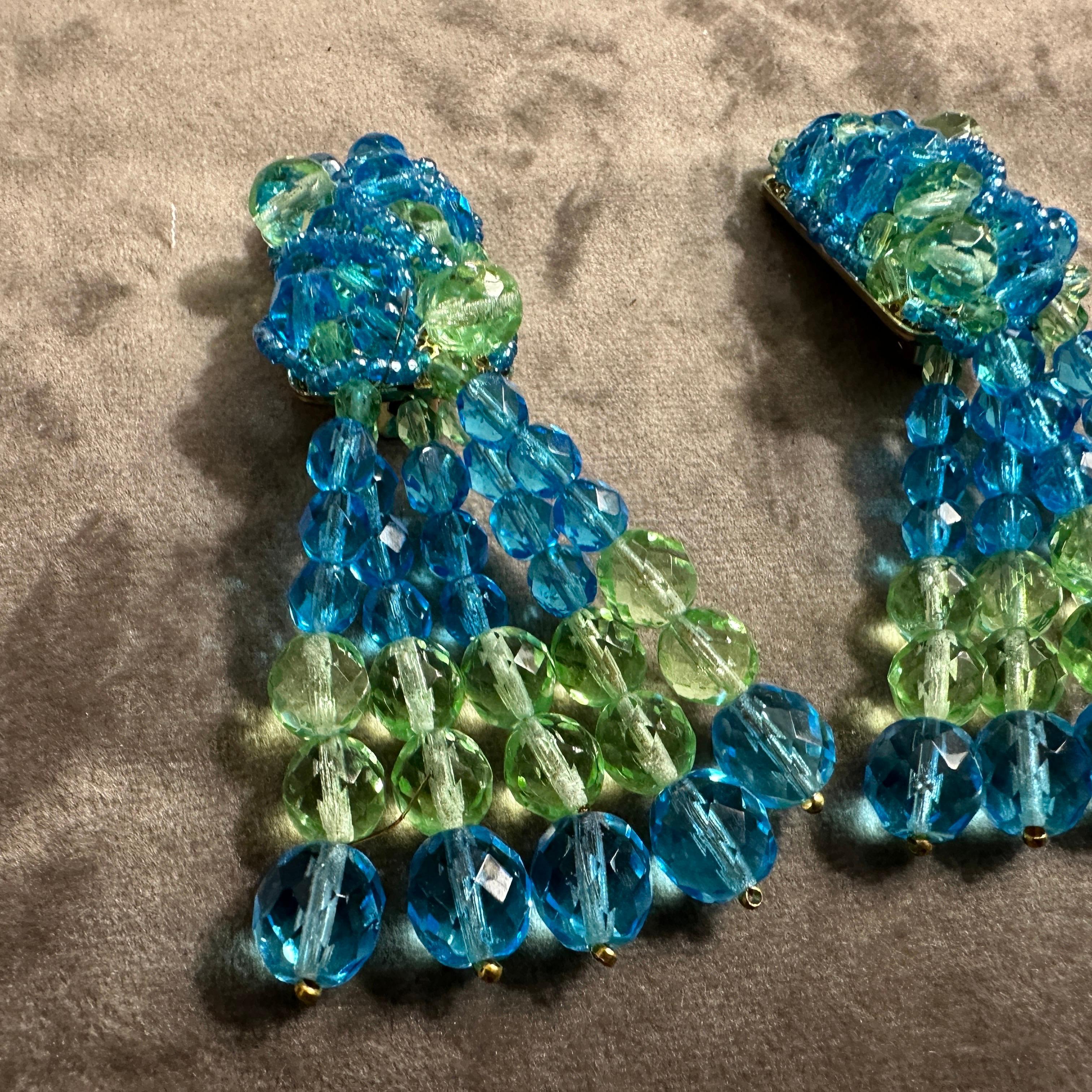 Retro Iconic 21st Century Classic Blue and Green Crystal Chandelier Earrings For Sale