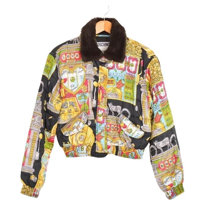 Iconic 90's Moschino Casino Print Cropped Satin Bomber Jacket - Vegas Pattern For Sale