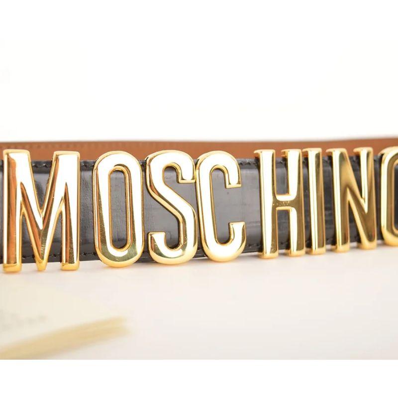Men's Iconic 90's Moschino Spell out Gold Letter Leather Waist Belt in Black & Gold For Sale