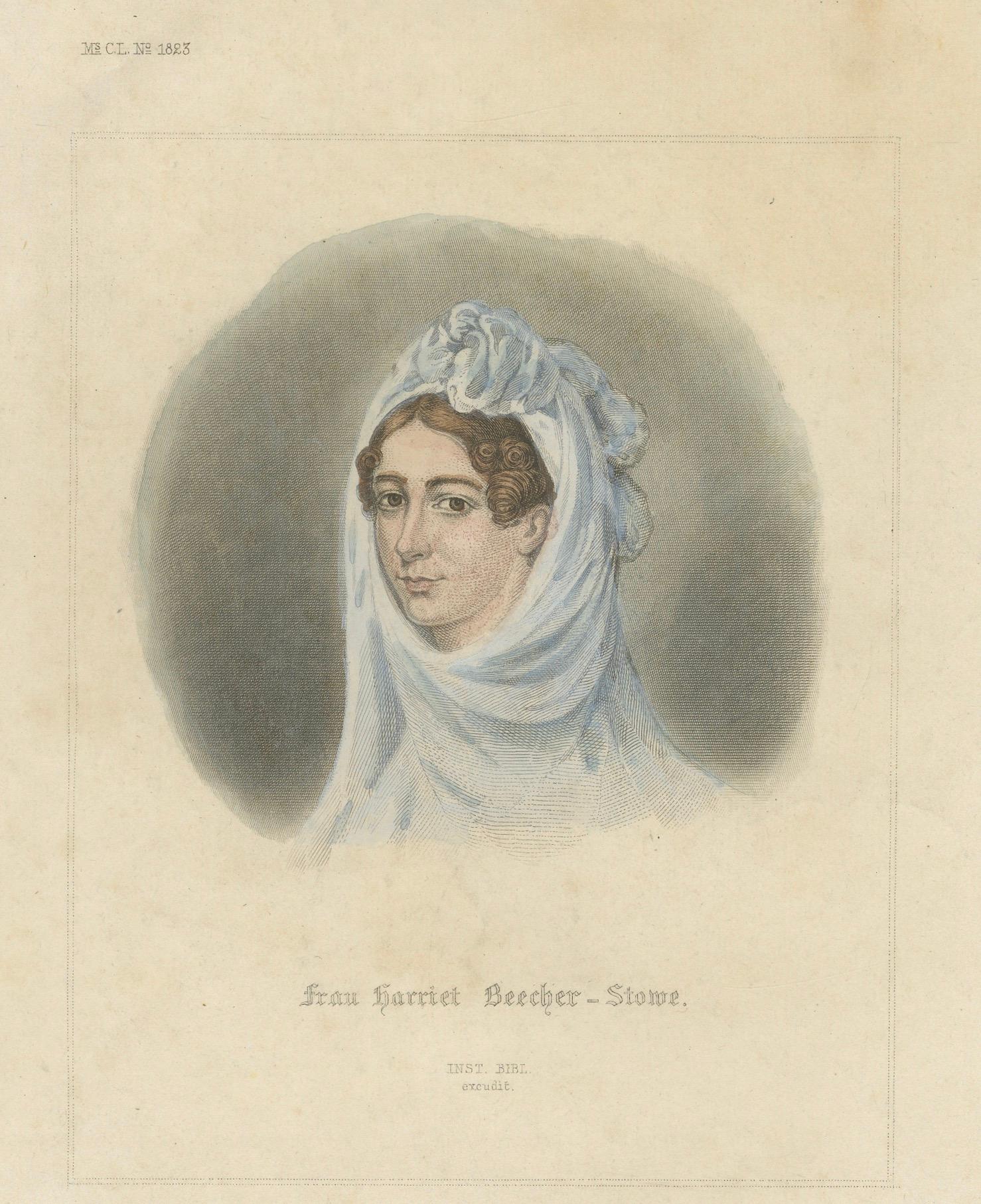 Este grabado es un retrato de Harriet Beecher Stowe (1811-1896), la renombrada escritora estadounidense más conocida por su novela antiesclavista *La cabaña del tío Tom*. 

Era una declarada opositora a la esclavitud. 

Editor: Hildburghausen:
