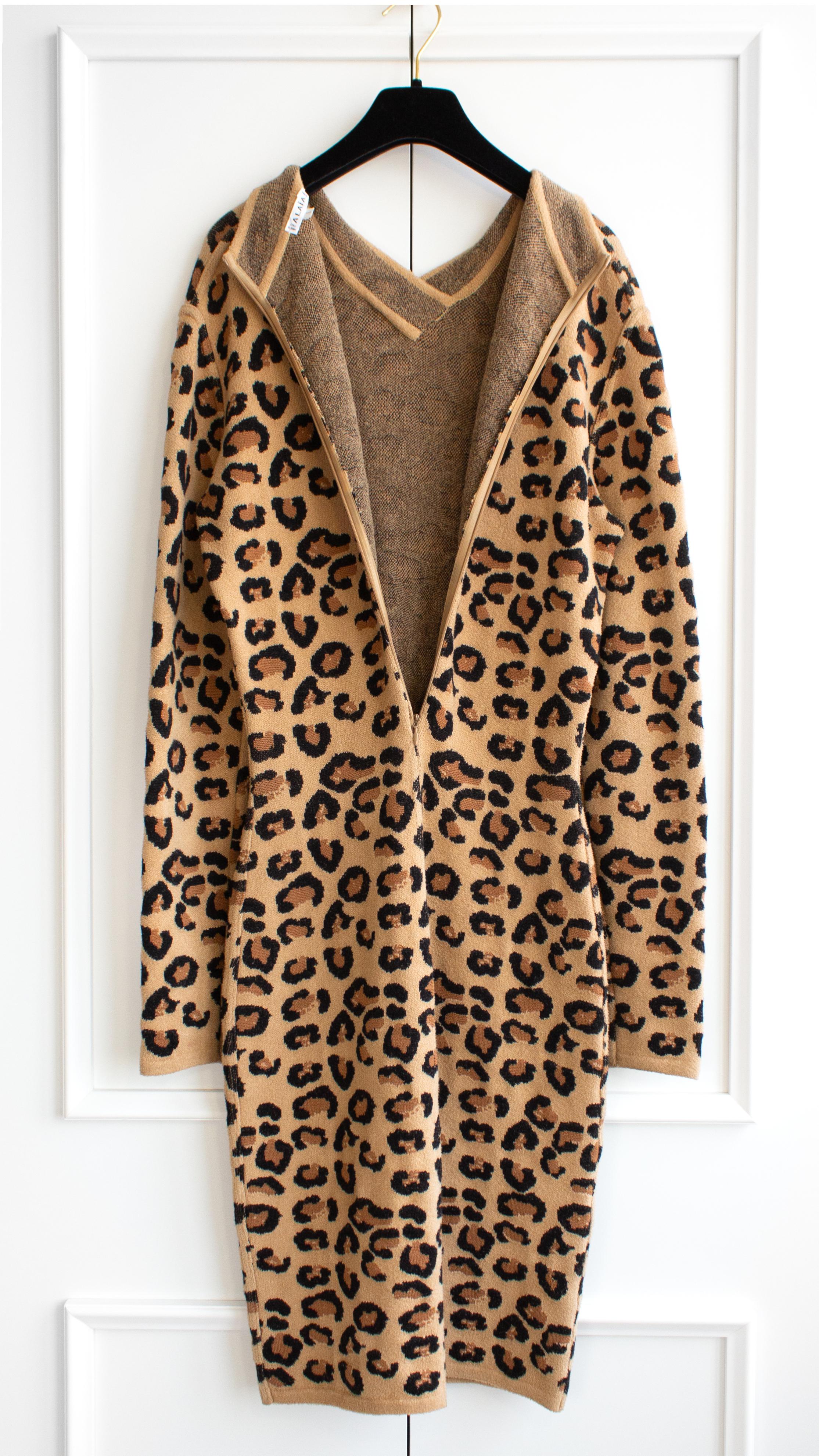 Iconic Alaia Vintage Fall/Winter 1991 Leopard Print Knit Bodycon Dress 14