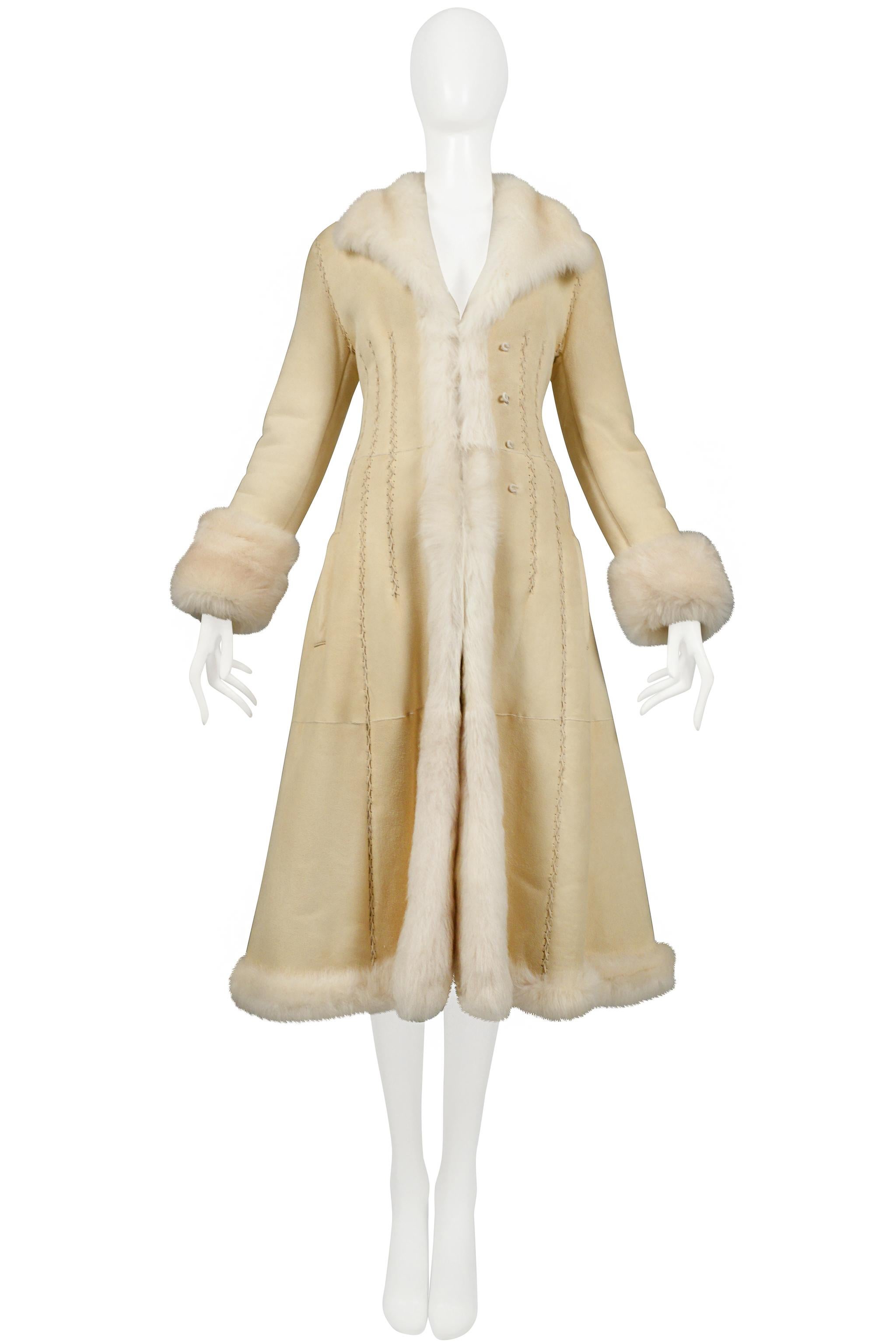 Iconic Alexander Mcqueen Off-White Suede Coat With Luxe Shearling Interior In Excellent Condition In Los Angeles, CA