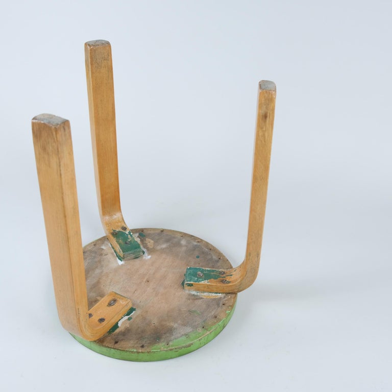 Iconic Alvar Aalto 3-legged Stool Model 60, Birch and Green Paint