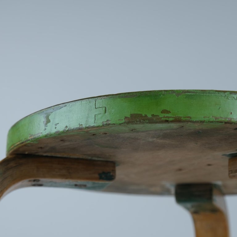 Iconic Alvar Aalto 3-legged Stool Model 60, Birch and Green Paint
