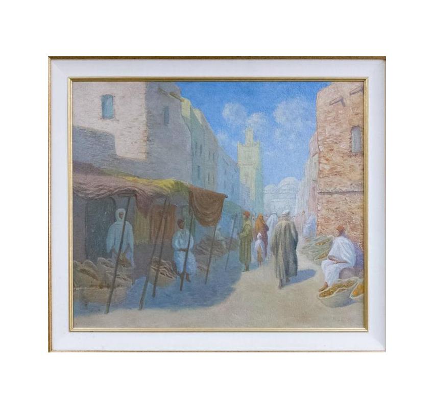 This scene of a busy Arab market has a beautiful interplay of light and shadow, under a luminous cerulean sky. The subject matter is a modern interpretation
of the orientalist style.
Oil on board.
Measurements include frame. 
Signed indistinctly
