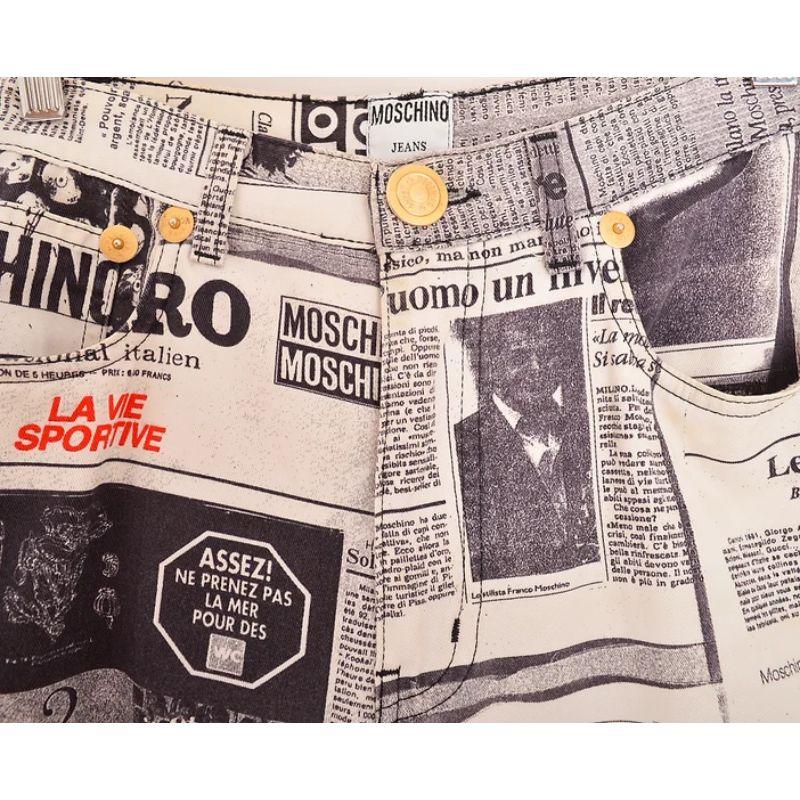 Superb, iconic Vintage 1990's Moschino 'Newspaper' printed high waisted jeans, depicting Franco Moschino amongst other newspaper & gazette articles.

MADE IN ITALY !

Features:
Zip fasten
Classic x4 pocket design
Gold tone metal hardware
Very rare