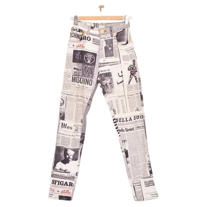 Iconic Archival 1990's Vintage Moschino 'Newspaper' Print Gazette Jeans For Sale