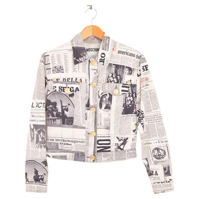 Iconic Archival 1990's Vintage Moschino 'Newspaper' Print Gazette Pattern Jacket For Sale
