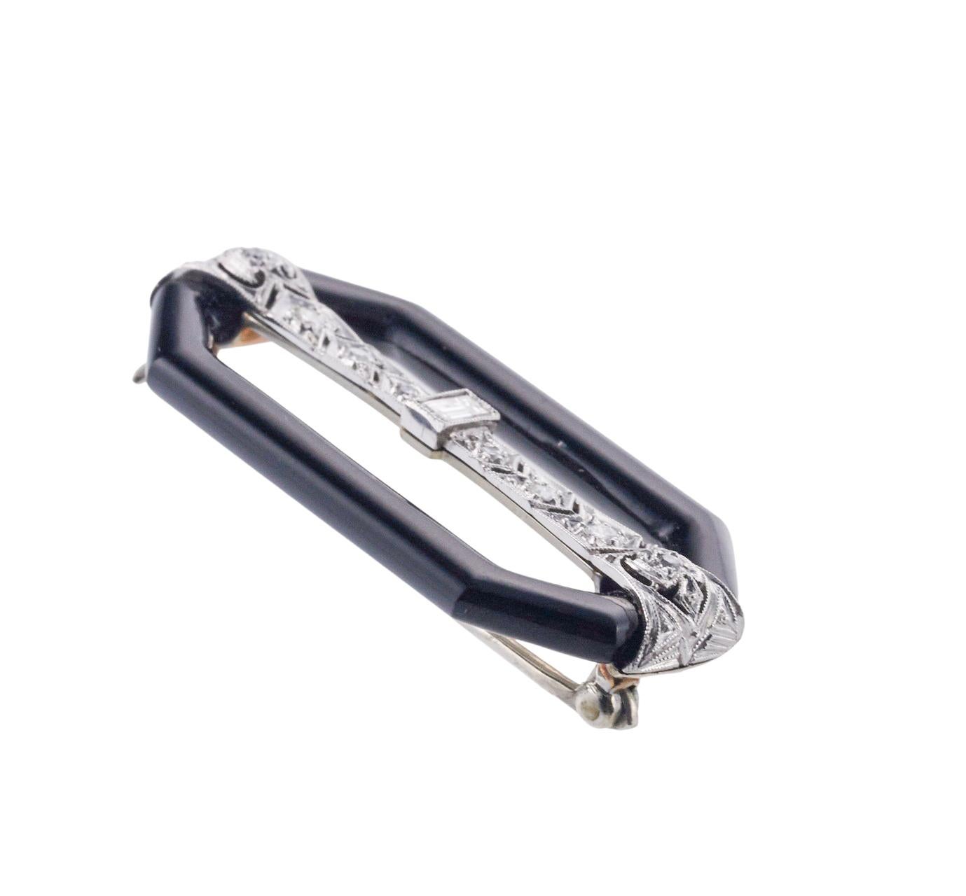 Women's Iconic Art Deco 1920s Onyx Diamond Platinum Gold Brooch For Sale