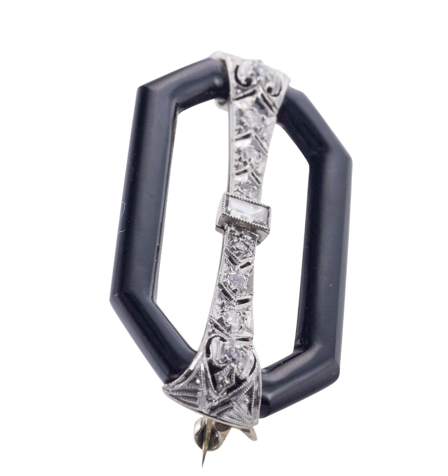 Iconic Art Deco 1920s Onyx Diamond Platinum Gold Brooch For Sale 1