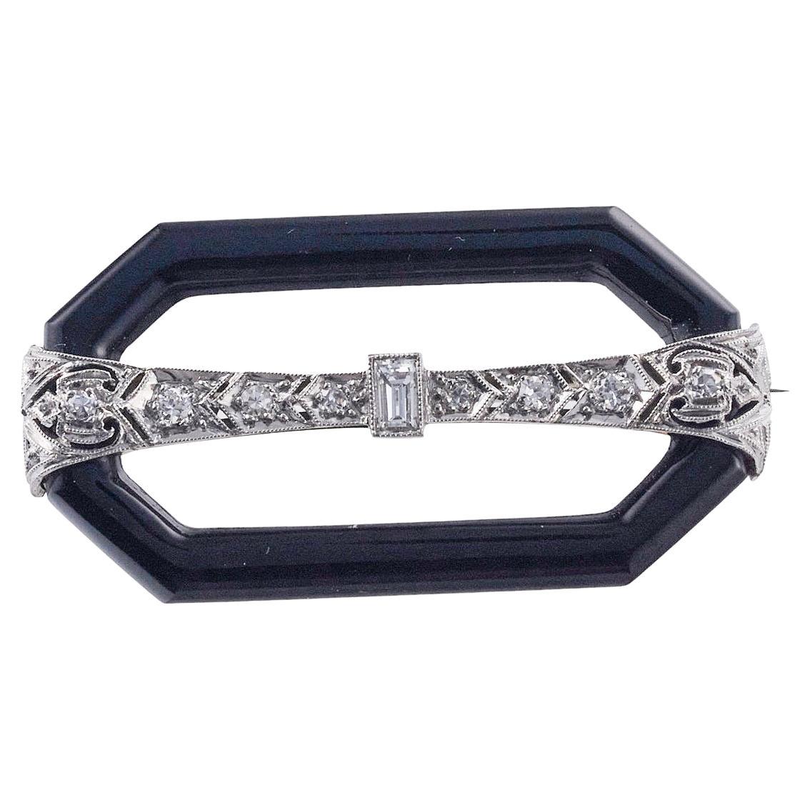 Icône Art Deco 1920s Onyx Diamant Platine Or Broche