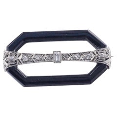 Iconic Art Deco 1920s Onyx Diamond Platinum Gold Brooch 