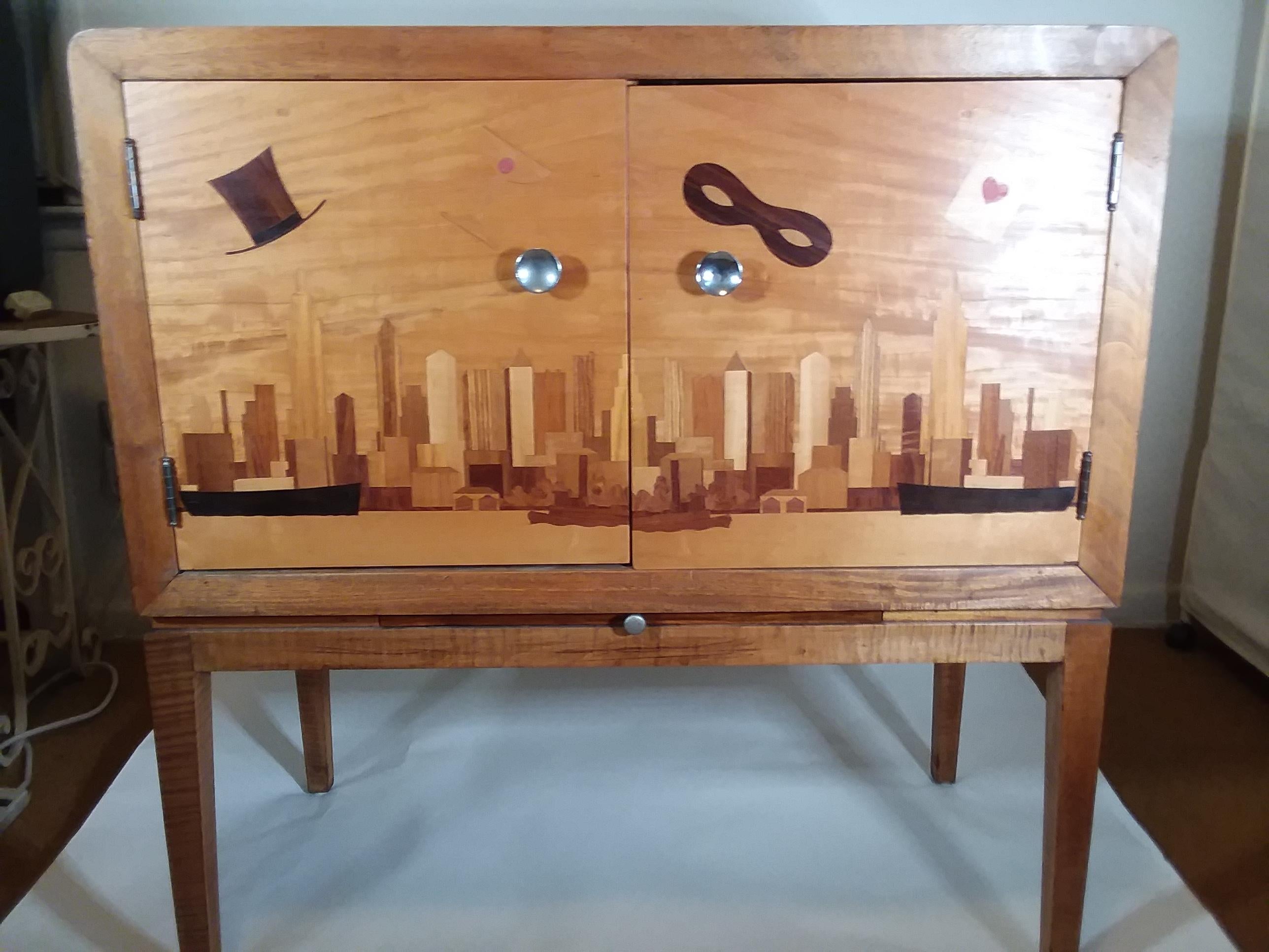 Iconic Art Deco Inlaid New York Bar Cabinet For Sale 4