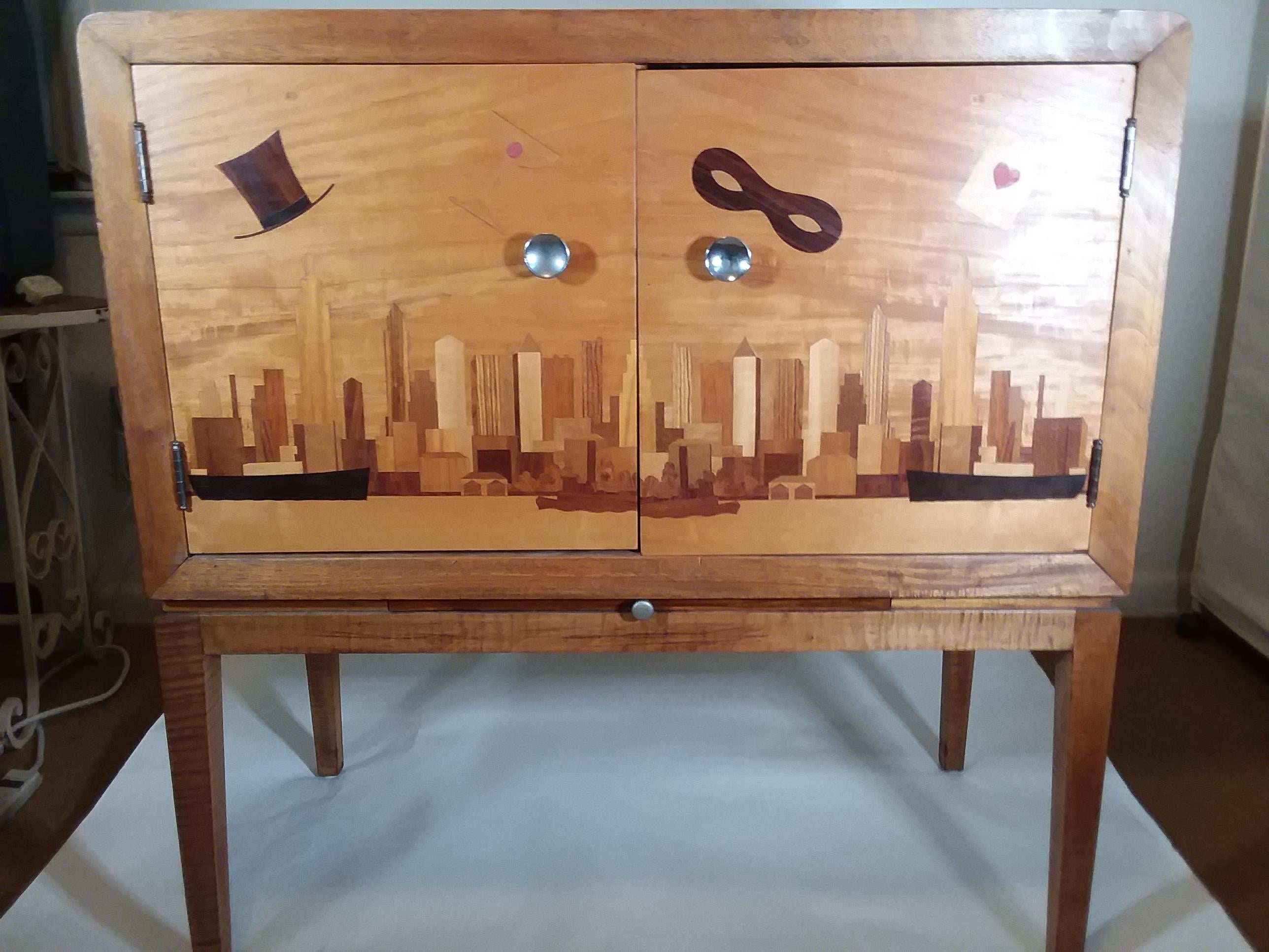 Iconic Art Deco Inlaid New York Bar Cabinet For Sale 11