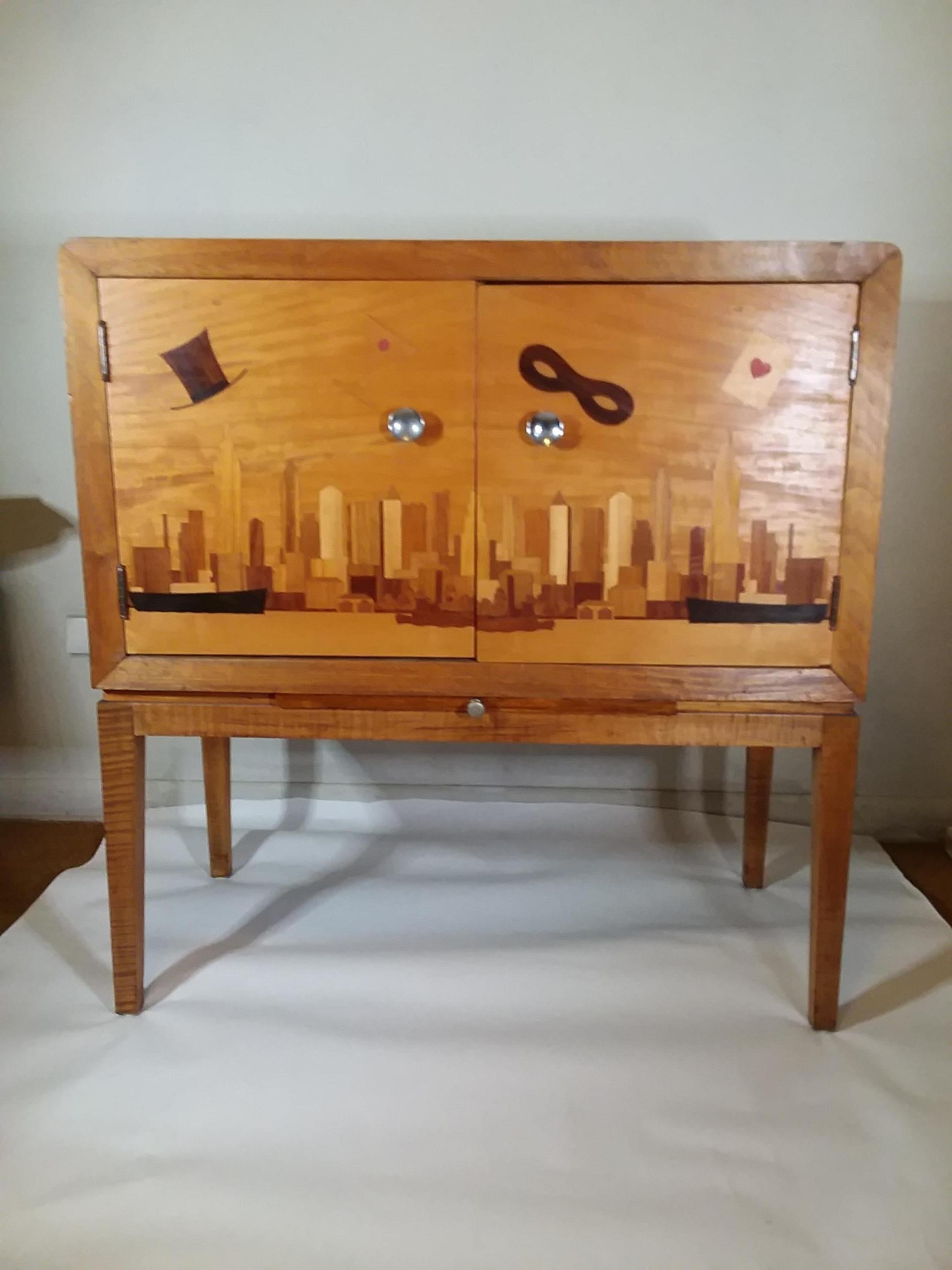 Iconic Art Deco Inlaid New York Bar Cabinet For Sale 13