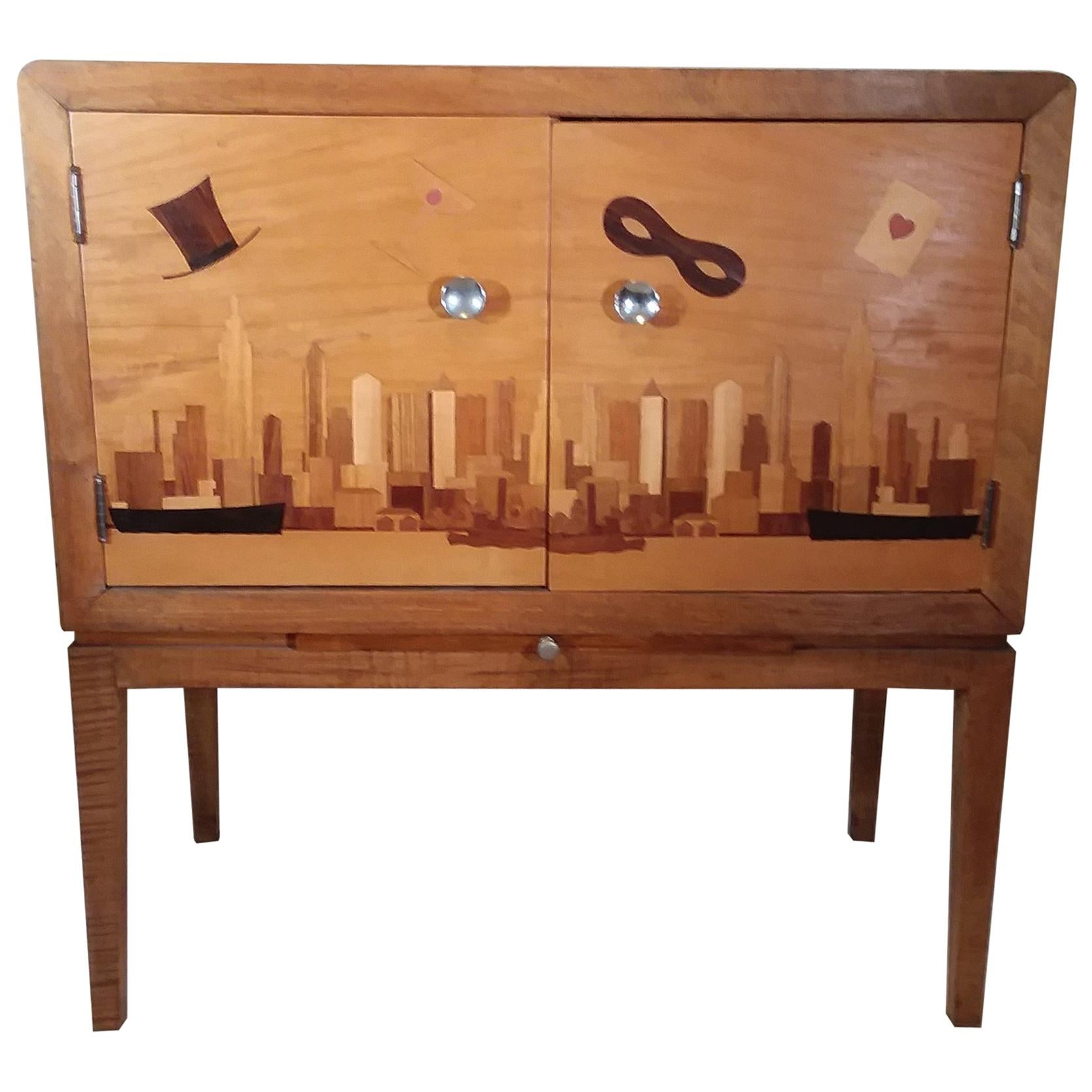 Iconic Art Deco Inlaid New York Bar Cabinet For Sale