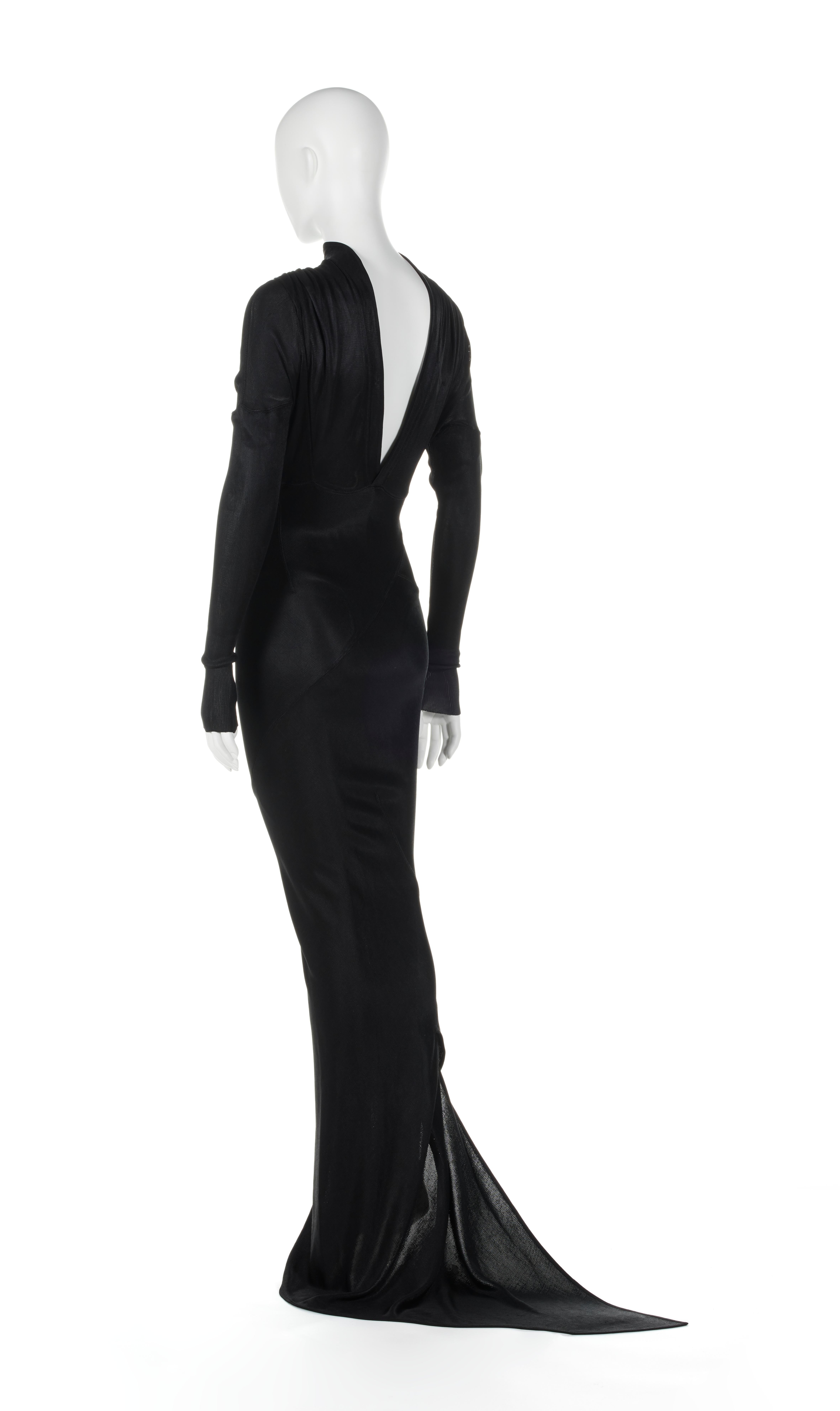 F/W 1988 Azzedine Alaia Vestido de noche negro de jersey de moaré con cola Negro