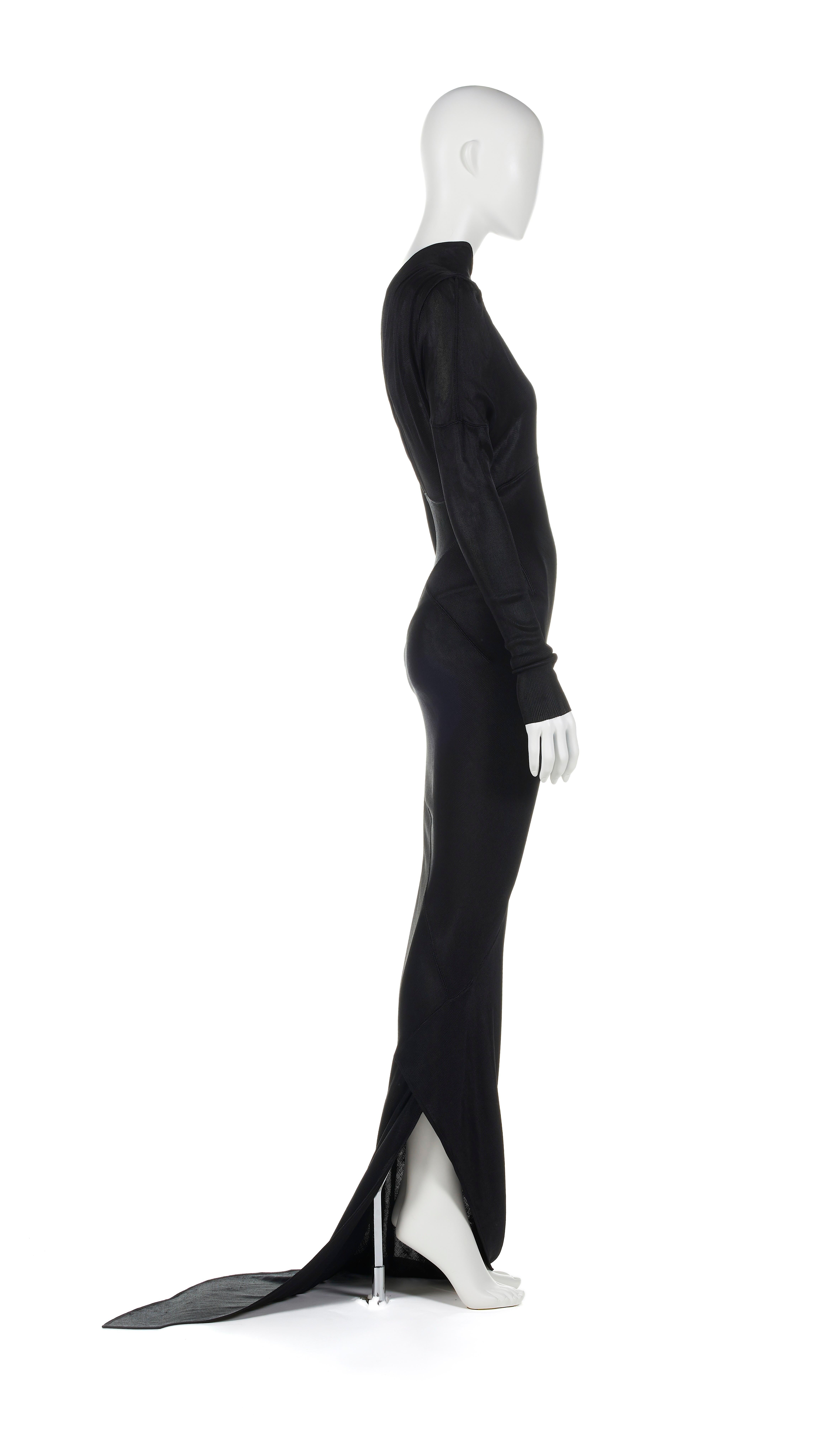 F/W 1988 Azzedine Alaia Vestido de noche negro de jersey de moaré con cola en Excelente Estado en Studio City, CA