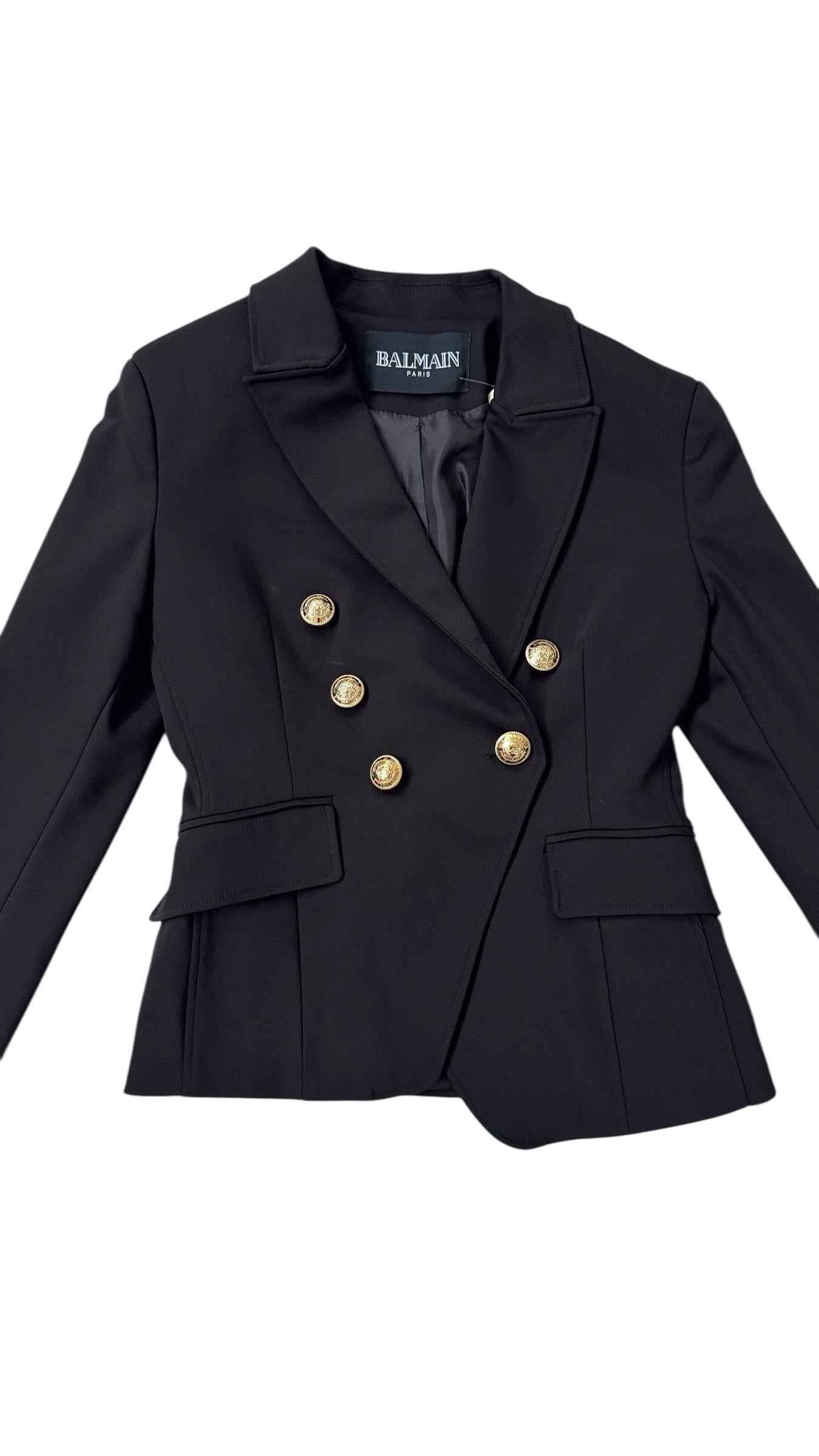 Iconic Balmain Black Double-Breasted Blazer with Gold Medallion Buttons For Sale 8