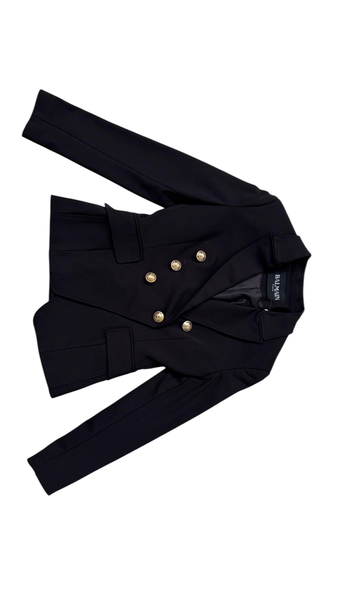 Iconic Balmain Black Double-Breasted Blazer with Gold Medallion Buttons For Sale 9